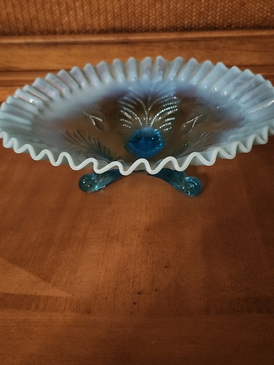 Northwood Other - Antique Northwood Blue Opalescent Feather and Mum Footed Bowl